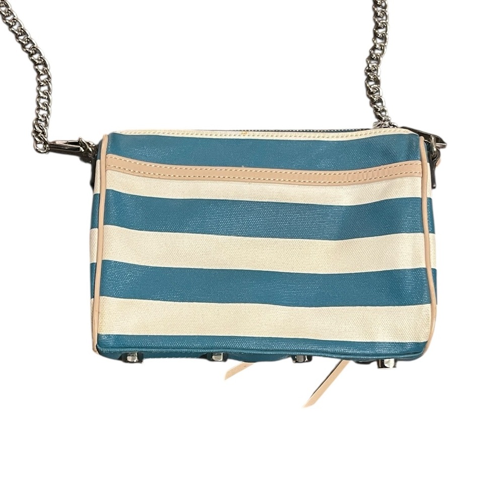 Rebecca Minkoff Mini MAC Teal&White Striped Coated Canvas /Leather Shoulder Bag - Picture 3 of 9